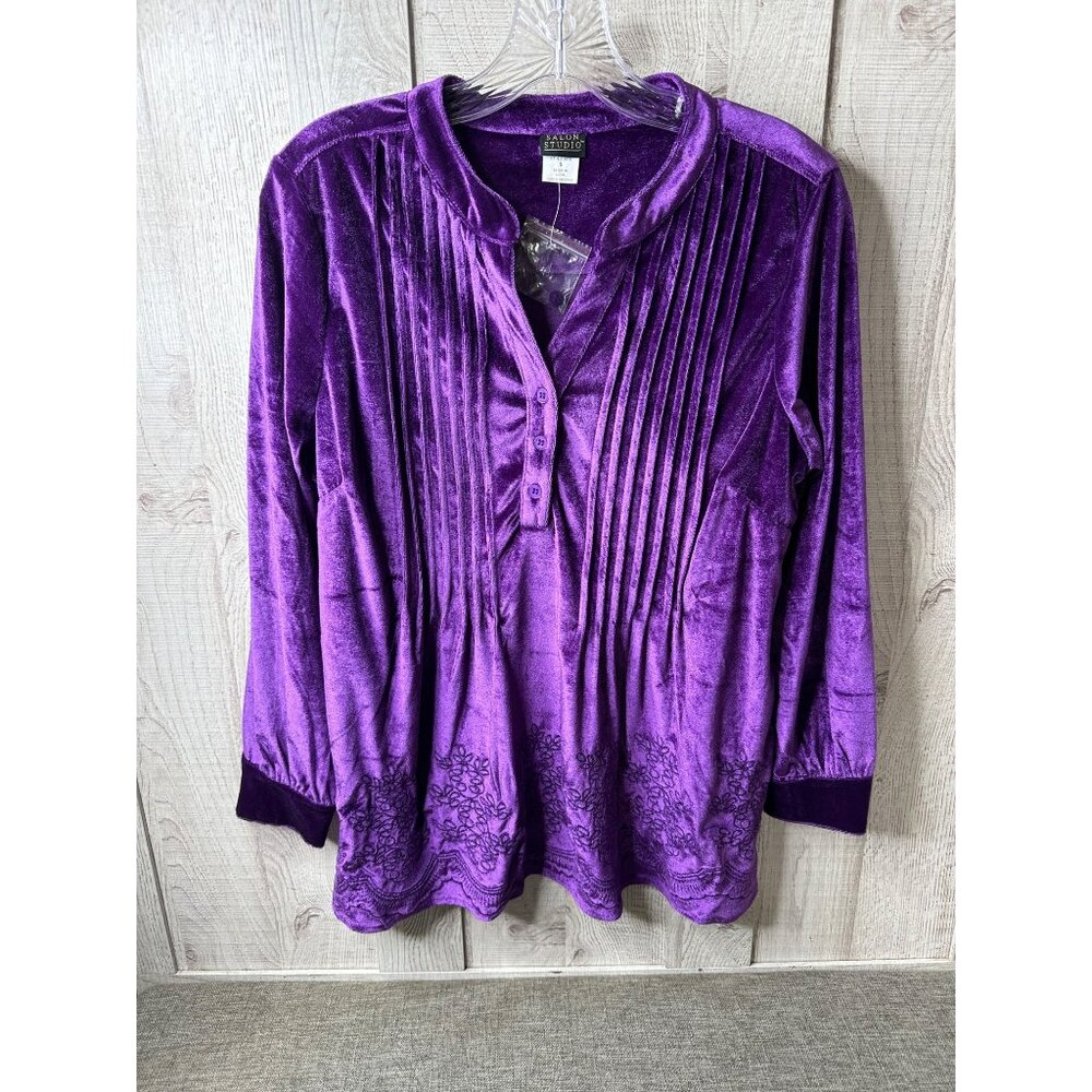 Salon Studio Womens S Purple Velvet Long Sleeve Embroidered Pleated Shirt Blouse